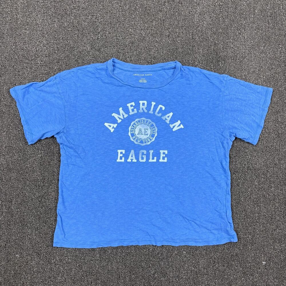 American Eagle Boxy Cropped Pocket Tee Shirt Blue Women's Size Small